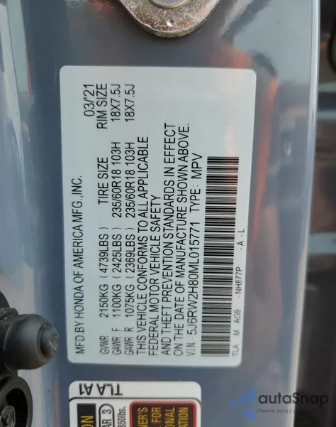 2021 Honda Cr-V Exl z USA, uszkodzony, nr VIN 5J6RW2H80ML015771